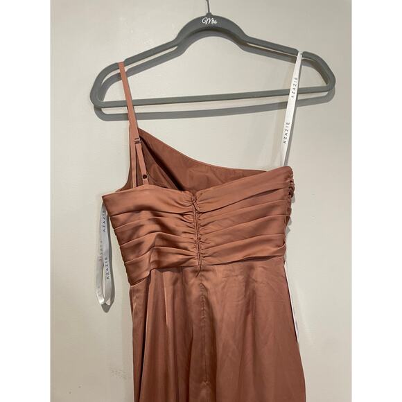 NWT Azazie Eren Stretch Satin One Shoulder Maxi Mermaid Dress Bronzer Women's A2 - Picture 6 of 7